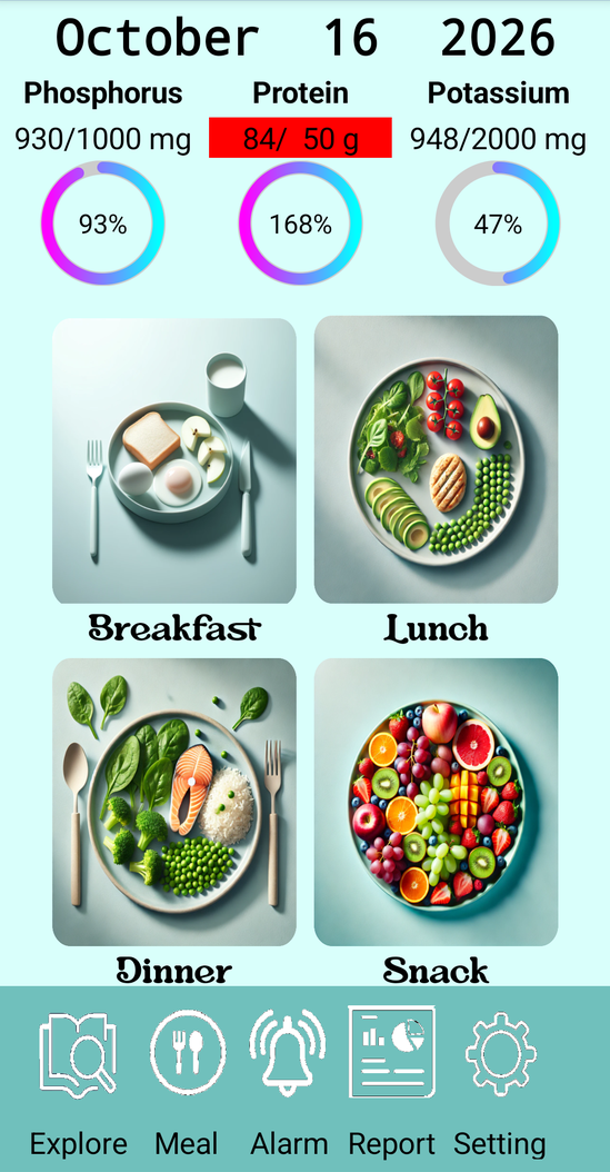 Kidney Buddy app daily nutrient dashboard with meals and progress charts